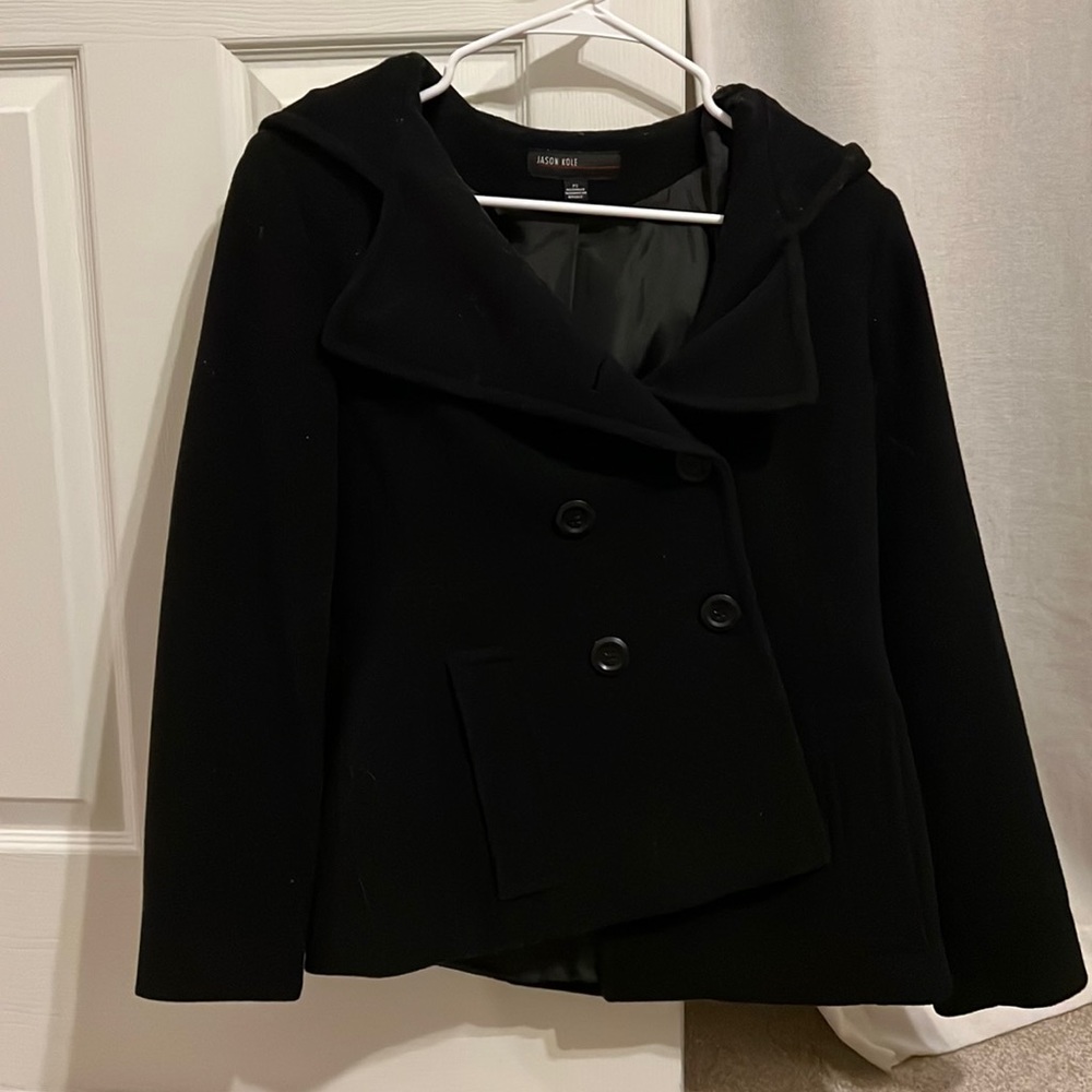 Jason Kole short hooded black pea coat, size PS